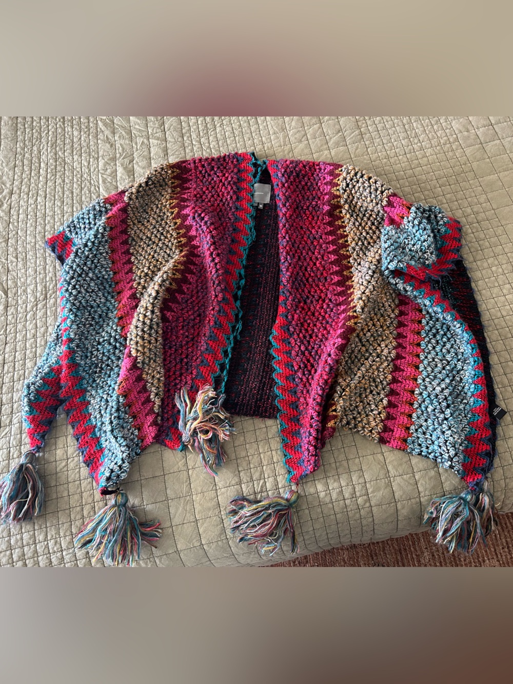 Anthropologie Multicolor Chevron Tassel Knit Shrug in Pink, Blue & Brown